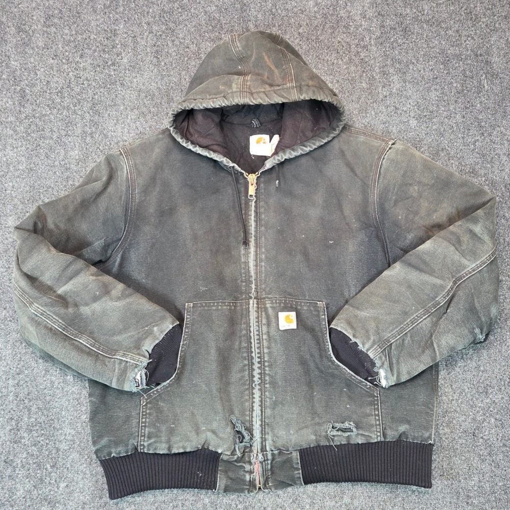Carhartt J140 BLK Duck Active Jacket Mens Large Black Quilted Distressed